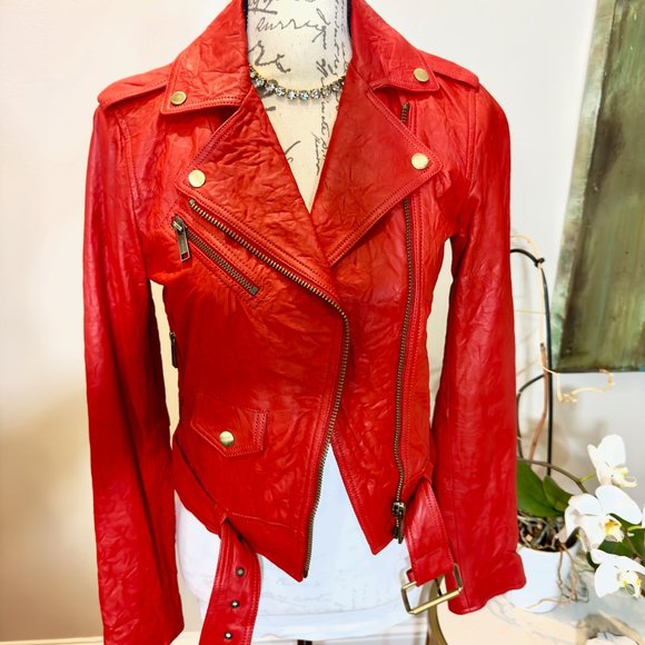 Michael Kors Red Leather Moto Jacket Size XS - Picture 2 of 3